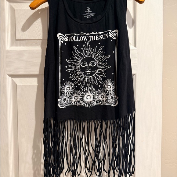 Organic Generation Tops - Follow The Sun Black Fringe Organic Gen Tank Top - Sunflower Graphic